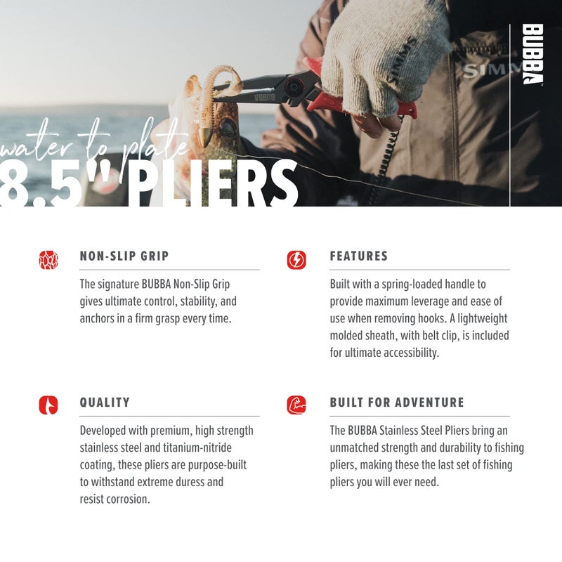 BUBBA 8.5" Stainless Steel Pliers with Non-Slip Handle, Spring Loaded with Crimping Tools and Anvil Cutters Lanyard Hole and Sheath - Image 4